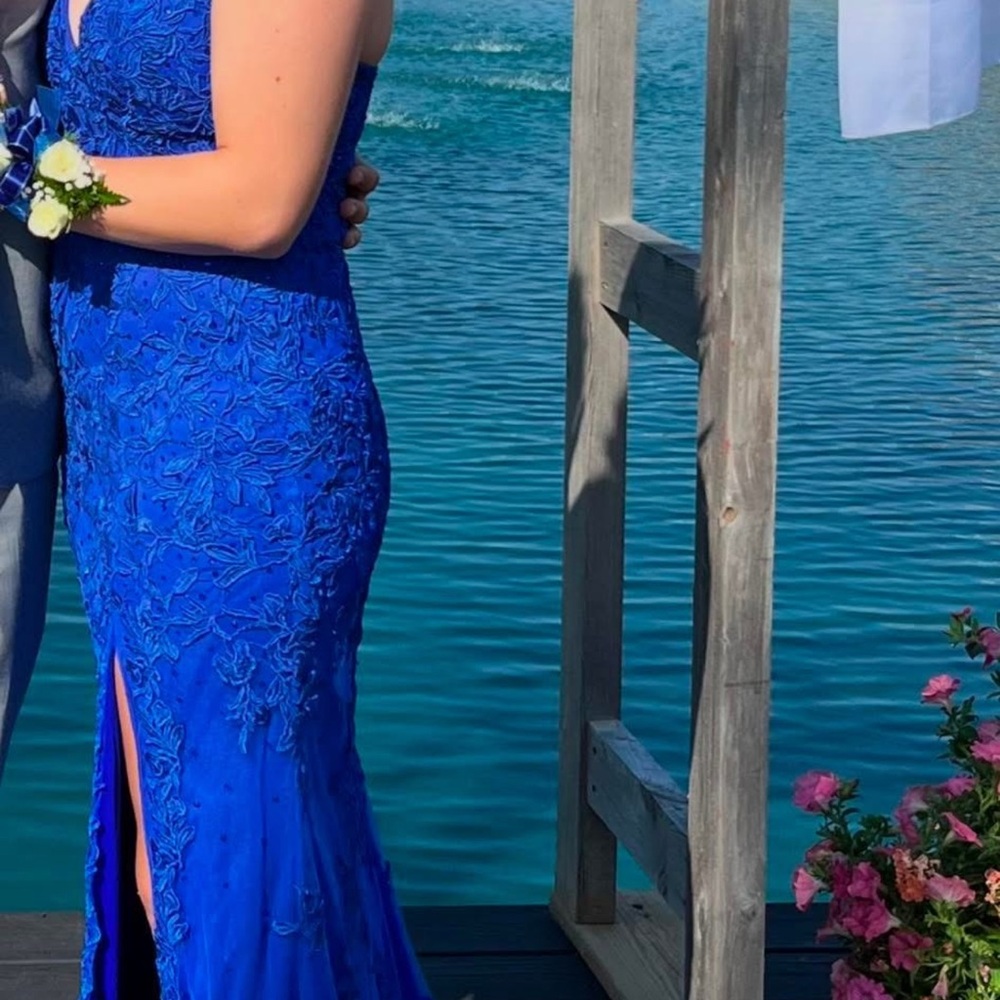 Faviana Blue Slit Embellished Gown for Prom